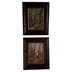 Pair of oil paintings on panel depicting woodland scenes in Haute-Marne