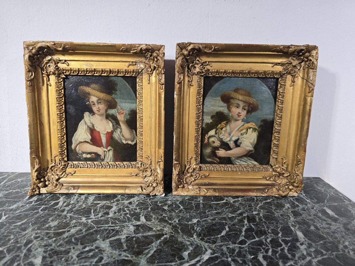 Romantique Paire de peintures à l'huile sur panneau - Jeunes bergères - 19e siècle en vente