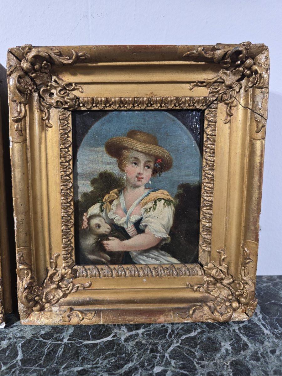 Français Paire de peintures à l'huile sur panneau - Jeunes bergères - 19e siècle en vente