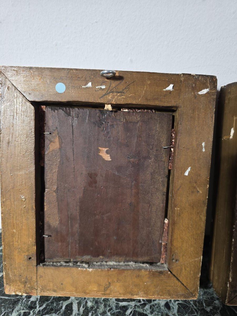 Peint à la main Paire de peintures à l'huile sur panneau - Jeunes bergères - 19e siècle en vente