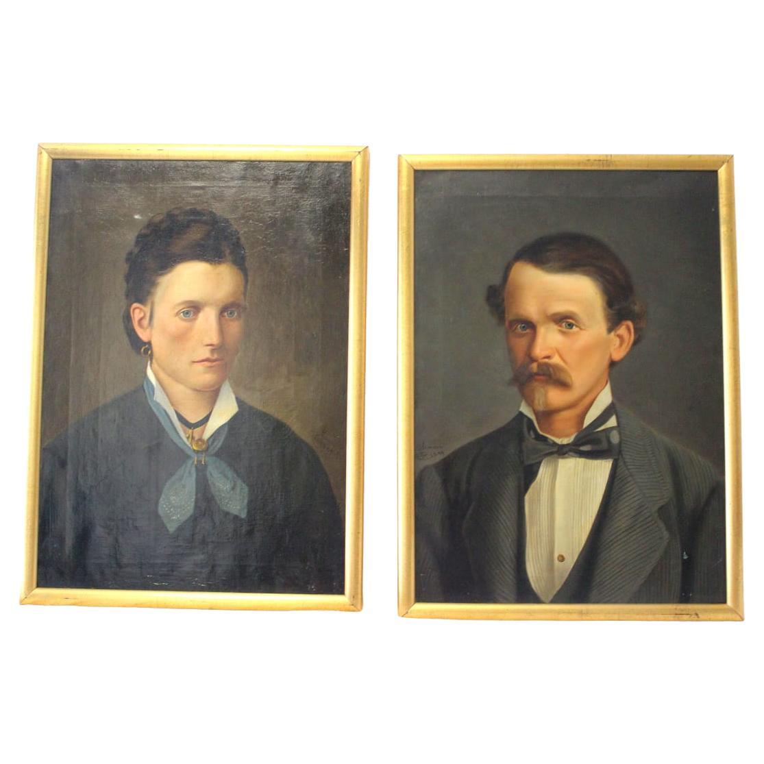 Pareja De Retratos Al Óleo Del Siglo XIX Italia XIX