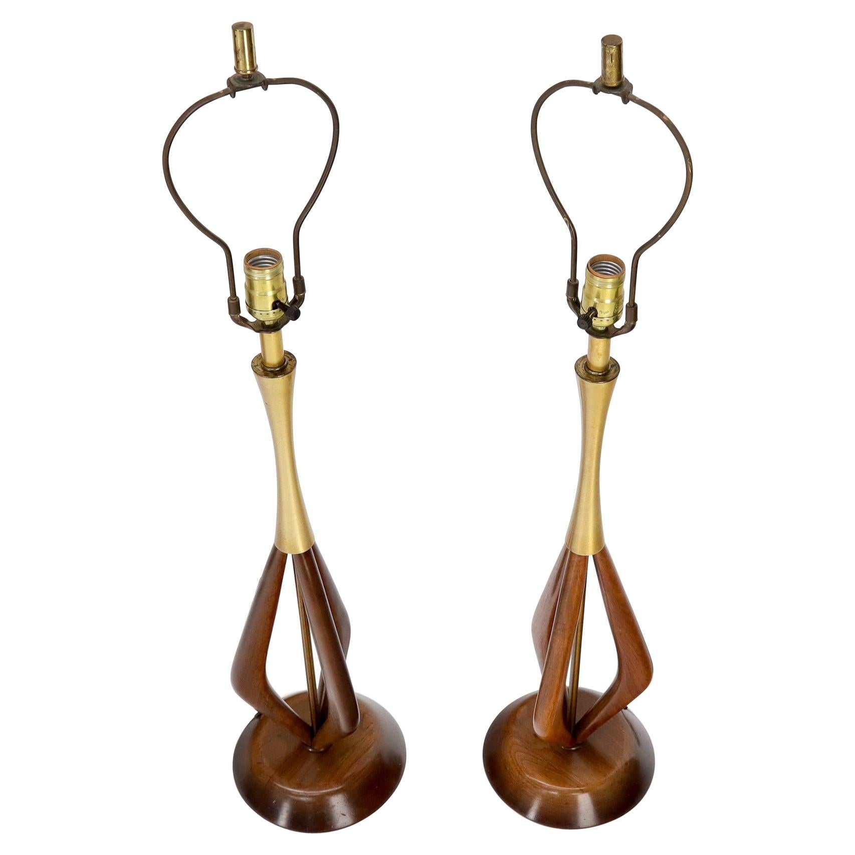 Pair of Oiled Sculptural Walnut Mid-Century Modern Table Lamps