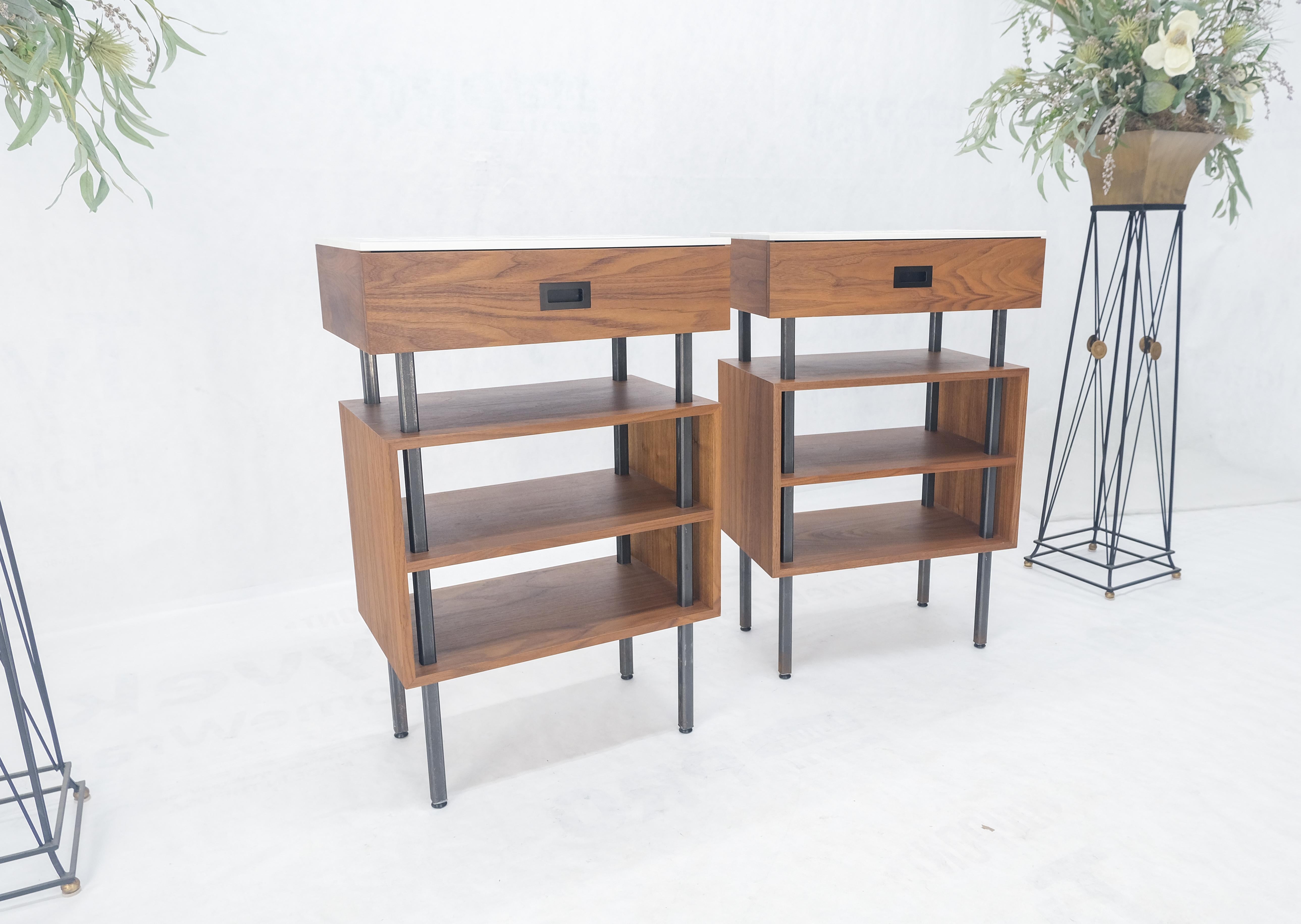 American Pair of Oiled Walnut 1 Drawer 3 Tier Side End Tables Stands Composite Top Mint! For Sale