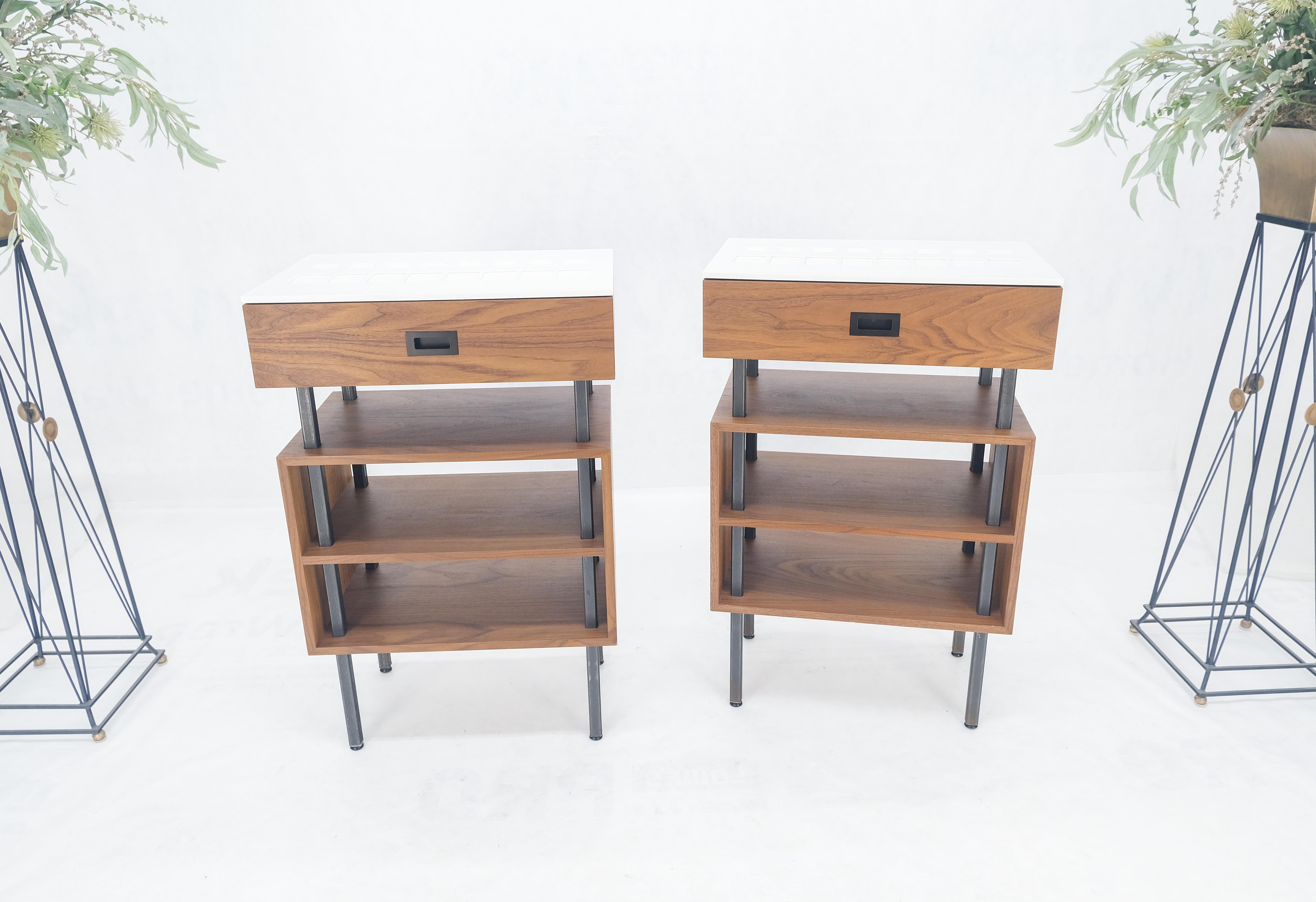 Pair of Oiled Walnut 1 Drawer 3 Tier Side End Tables Stands Composite Top Mint! For Sale 1