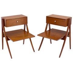 Pair of Oiled Walnut End Side Bed Tables by Drexel