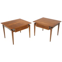 Pair of Oiled Walnut Exposed Sculptural Legs Large Square Side End Tables