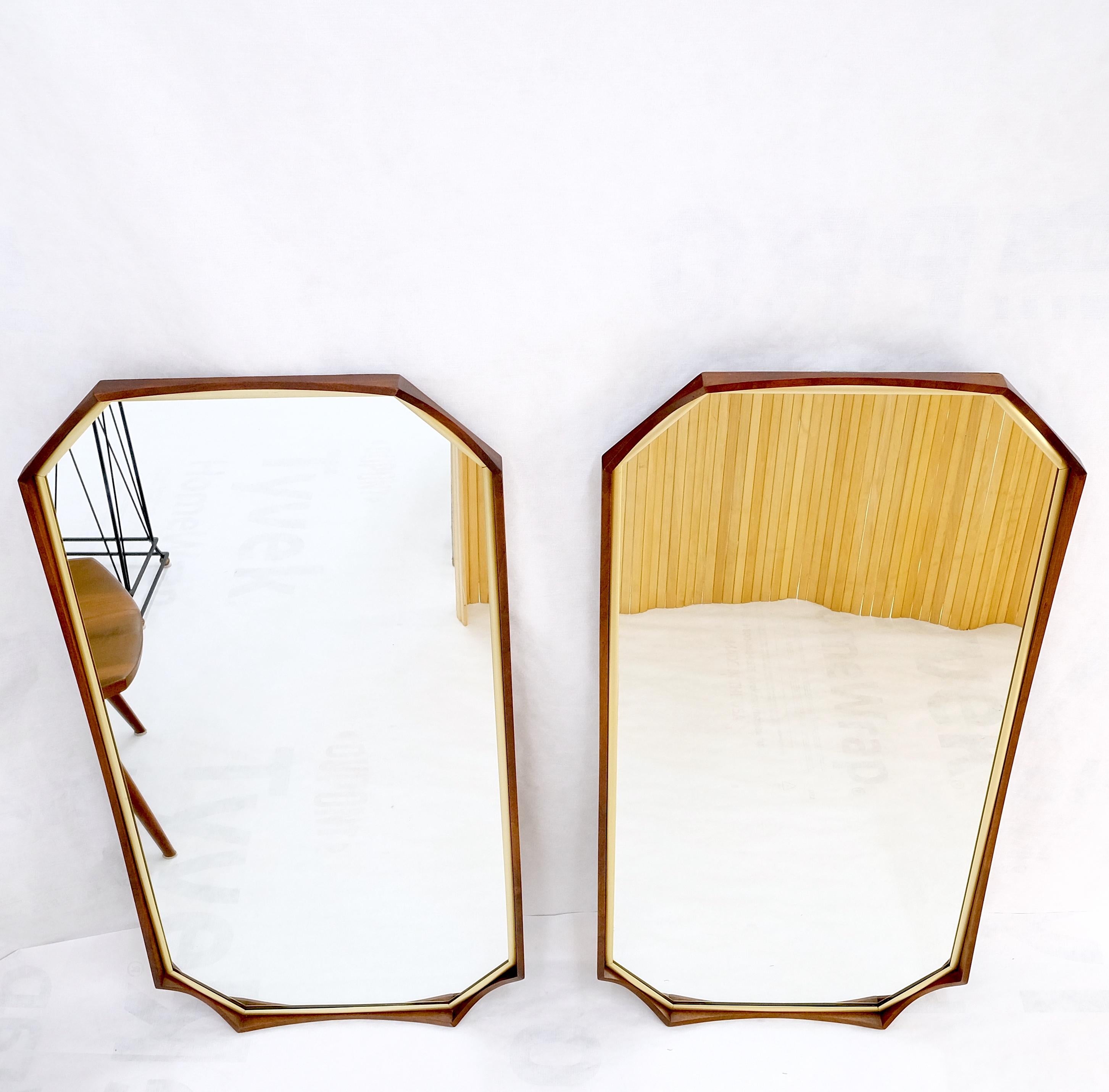 Pair of Oiled Walnut Frames Gold Trim Elongated Octagon Shape Wall Mirrors Mint! For Sale 3