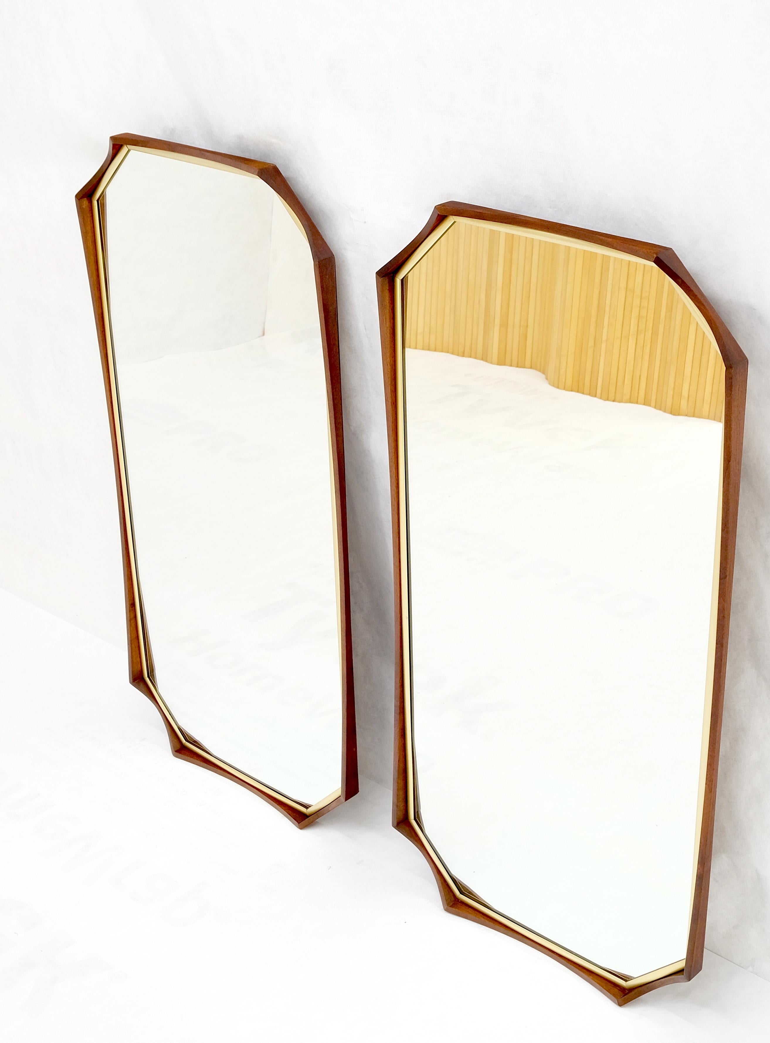 20th Century Pair of Oiled Walnut Frames Gold Trim Elongated Octagon Shape Wall Mirrors Mint! For Sale