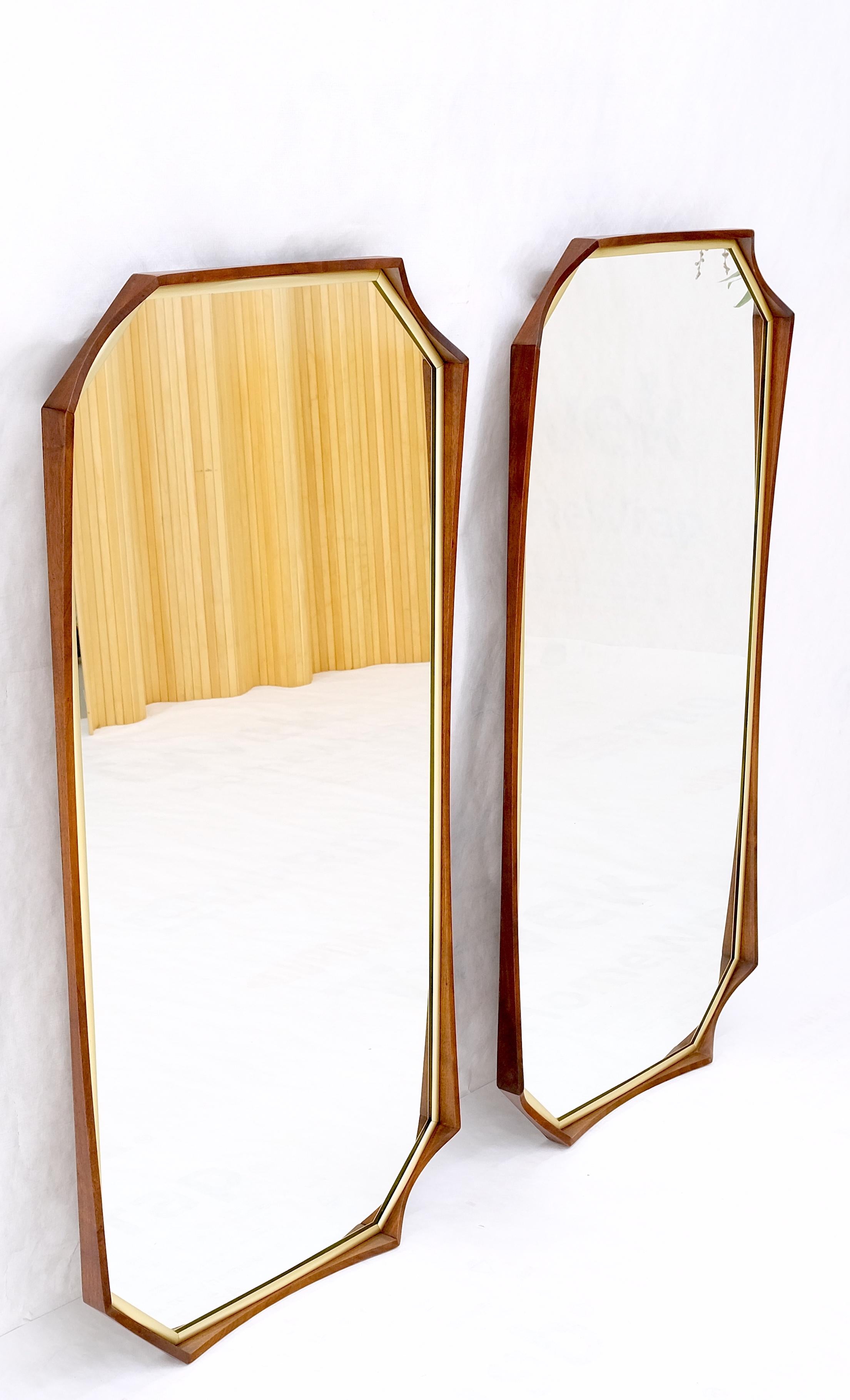 Pair of Oiled Walnut Frames Gold Trim Elongated Octagon Shape Wall Mirrors Mint! For Sale 1