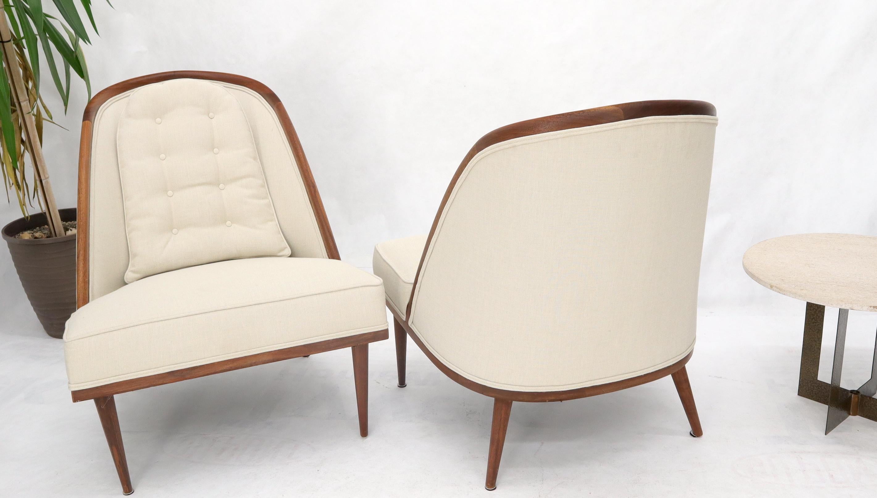 Mid-Century Modern Pair of Oiled Walnut Frames Tall Tapered Legs New Upholstery Lounge Chairs