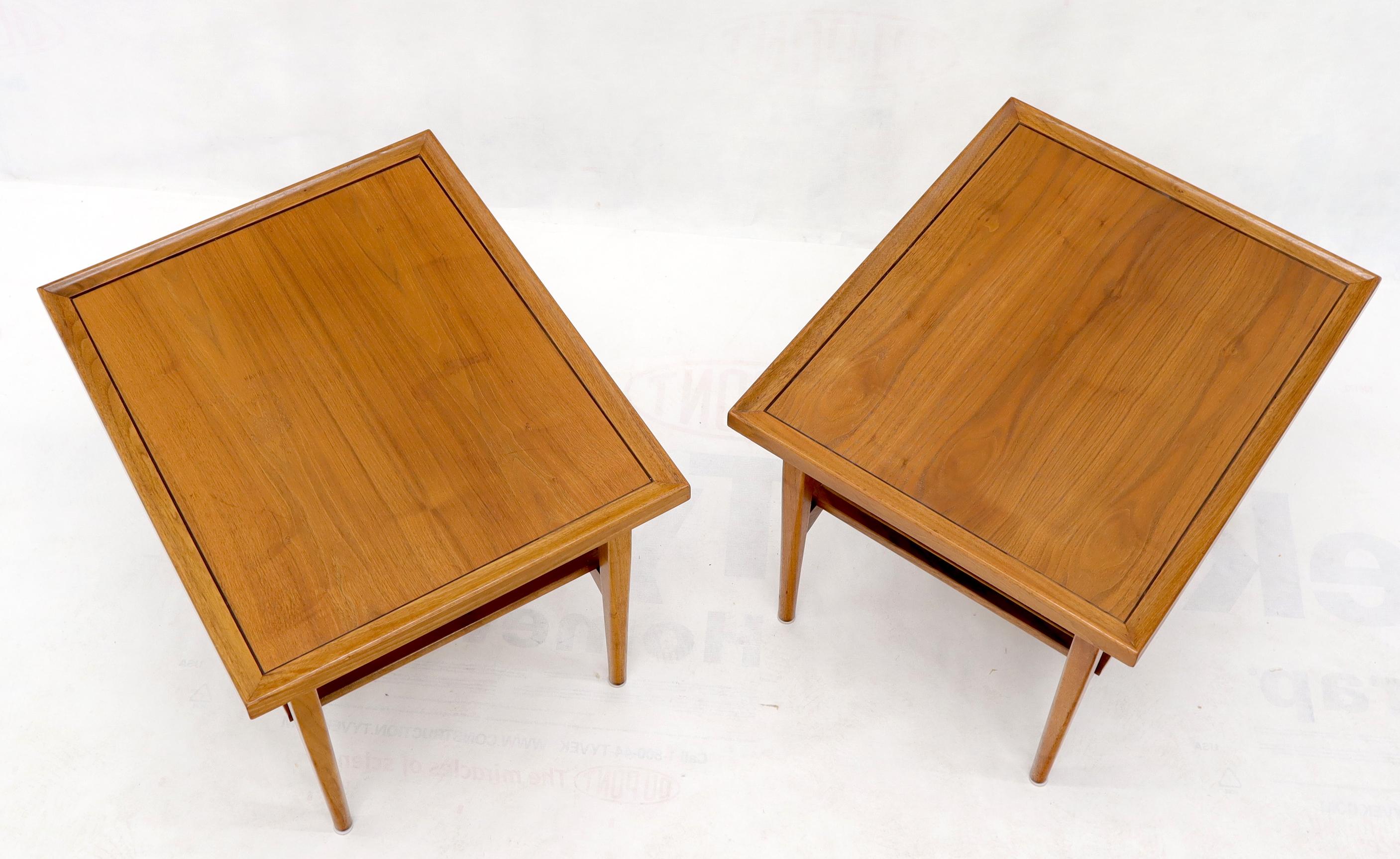 Mid-Century Modern Pair of Oiled Walnut Rectangular Cane Shelf Side End Table Stands