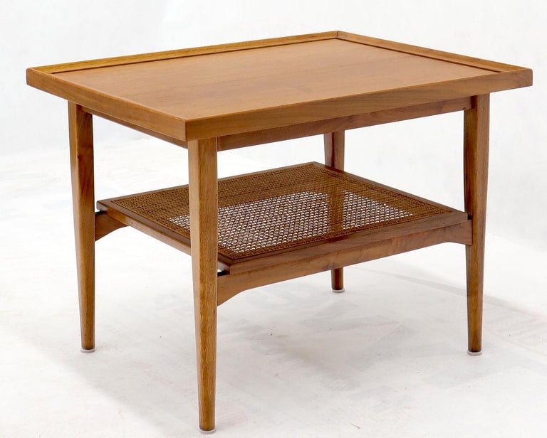 Pair of Oiled Walnut Rectangular Cane Shelf Side End Table Stands at