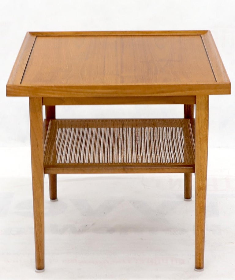 Pair of Oiled Walnut Rectangular Cane Shelf Side End Table Stands at