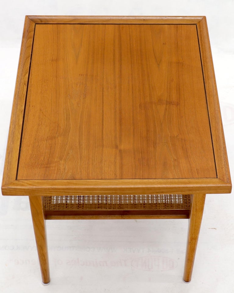 Pair of Oiled Walnut Rectangular Cane Shelf Side End Table Stands at