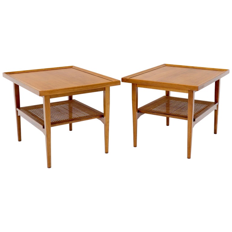 Pair of Oiled Walnut Rectangular Cane Shelf Side End Table Stands at 1stDibs