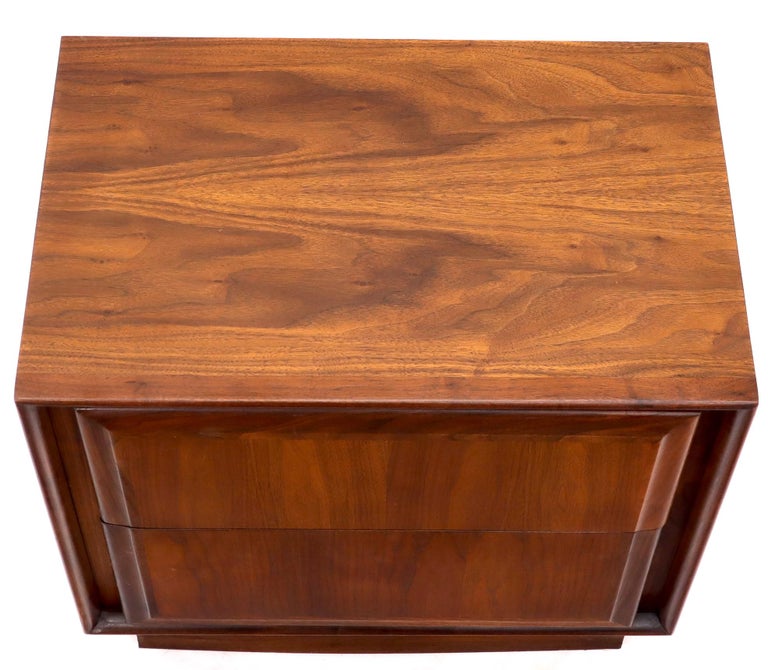 Pair of Oiled Walnut Two Drawers Cube Shape Nightstands End Side Tables