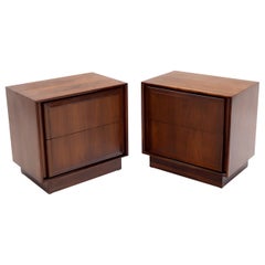 Pair of Oiled Walnut Two Drawers Cube Shape Nightstands End Side Tables