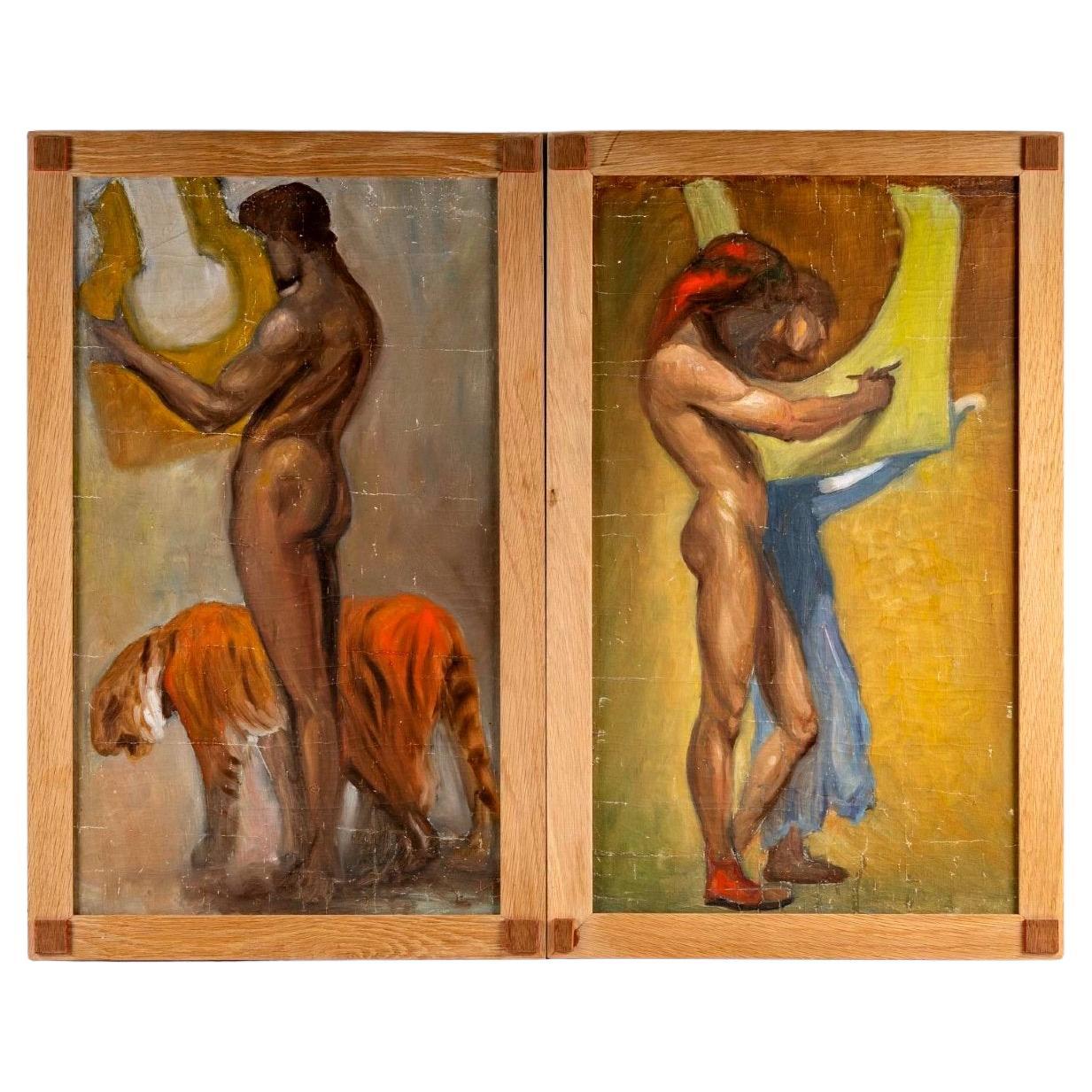 Pair of Oils on Canvas Mounted on Panels, Follower Paul Jouve, Period, Art Deco