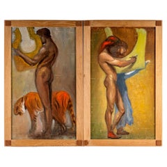 Pair of Oils on Canvas Mounted on Panels, Follower Paul Jouve, Period, Art Deco
