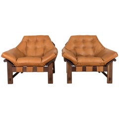 Pair of Ojai Lounge Chairs in Leather and Oiled Walnut