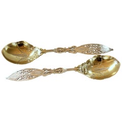 Antique Pair of Old 19th Century Silver Plate Hand-Pierced and Engraved Serving Spoons