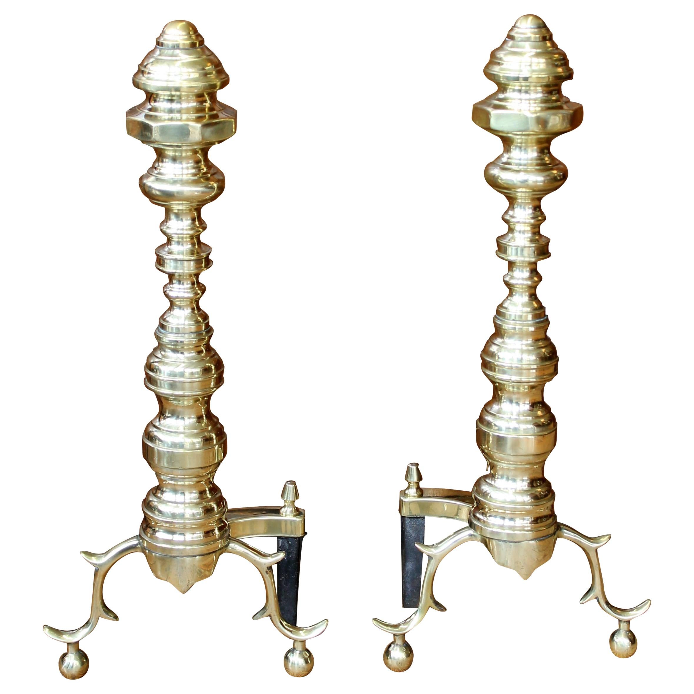 Pair of Old American Cast Brass Federal Style Andirons