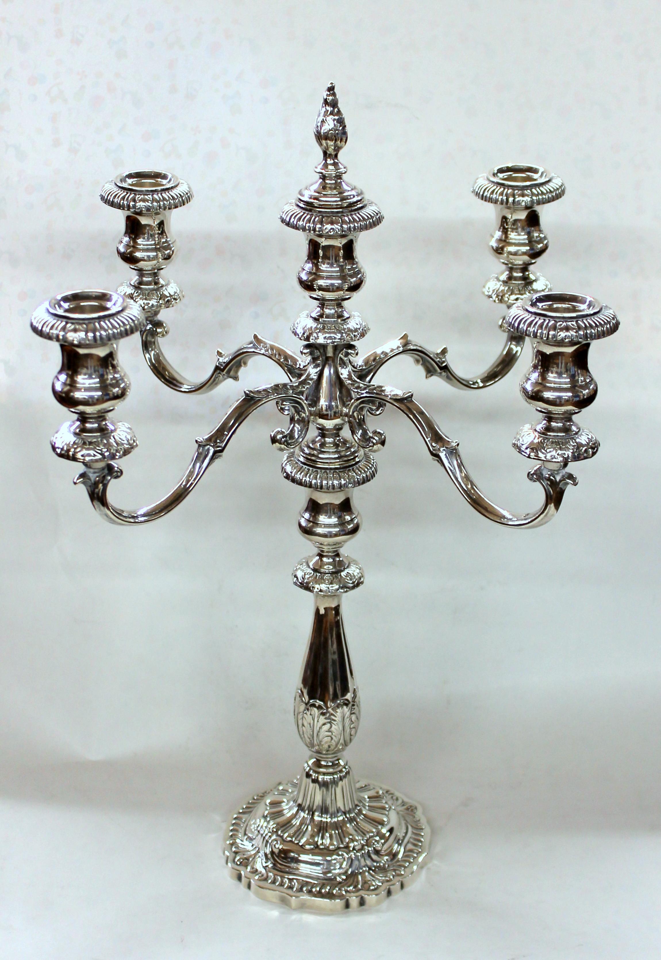 Hand-Carved Pair of Old American Fisher Sterling Silver Five Light Rococo Style Candelabra