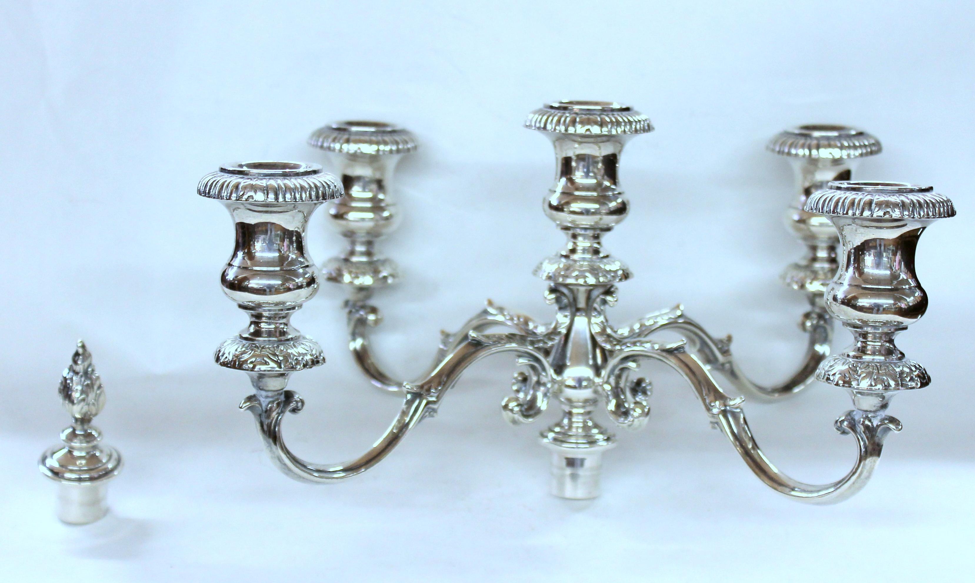 20th Century Pair of Old American Fisher Sterling Silver Five Light Rococo Style Candelabra