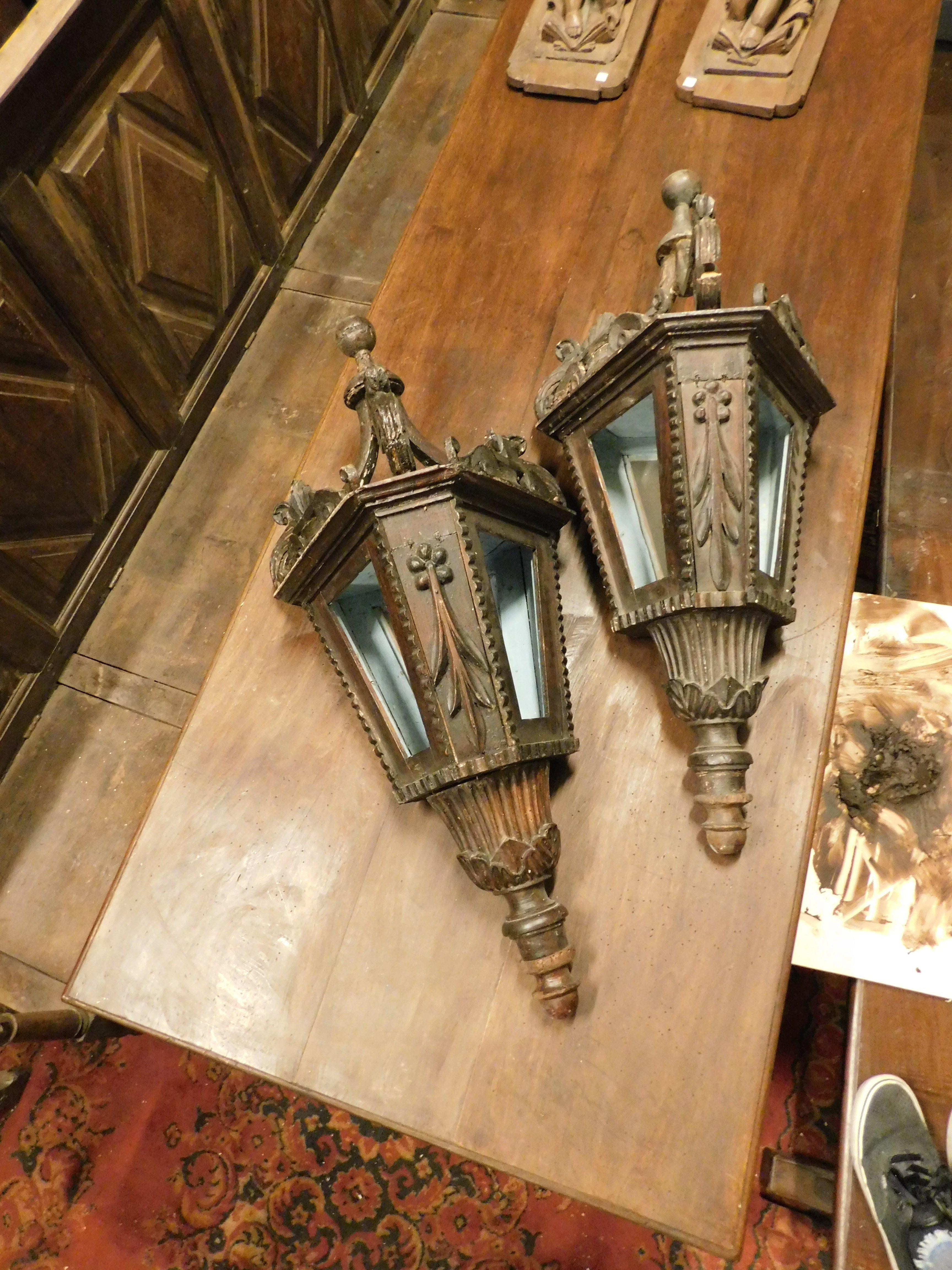 19th Century pair of old big street lamps, procession lamps in lacquered wood, Italy For Sale