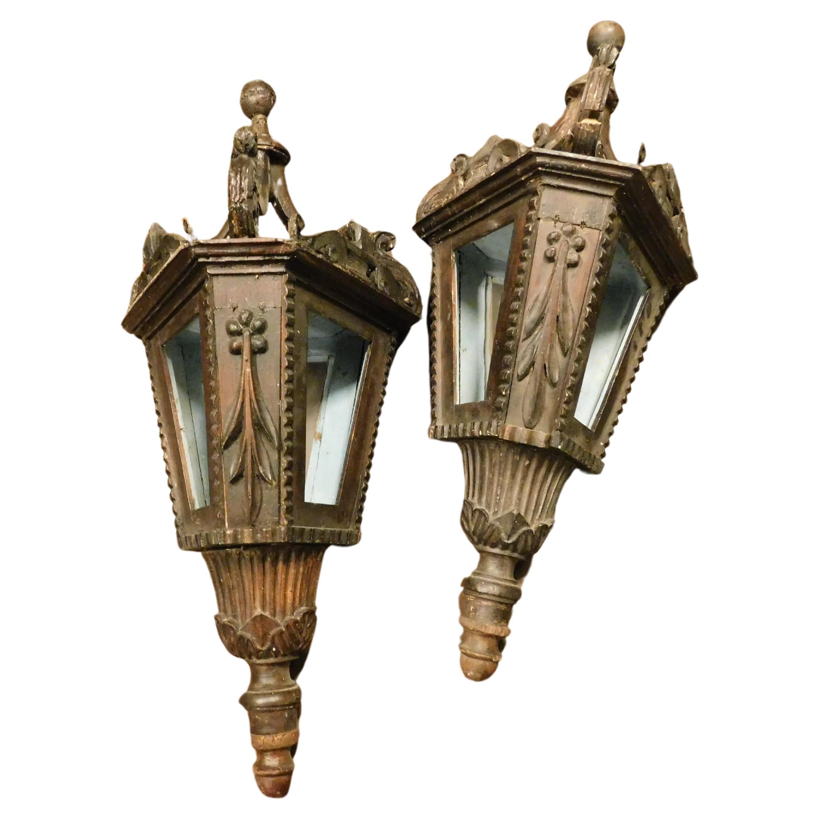 pair of old big street lamps, procession lamps in lacquered wood, Italy For Sale