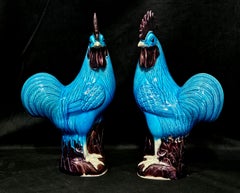 Pair of Old Blue Glazed Chinese Ceramic Rooster Figures