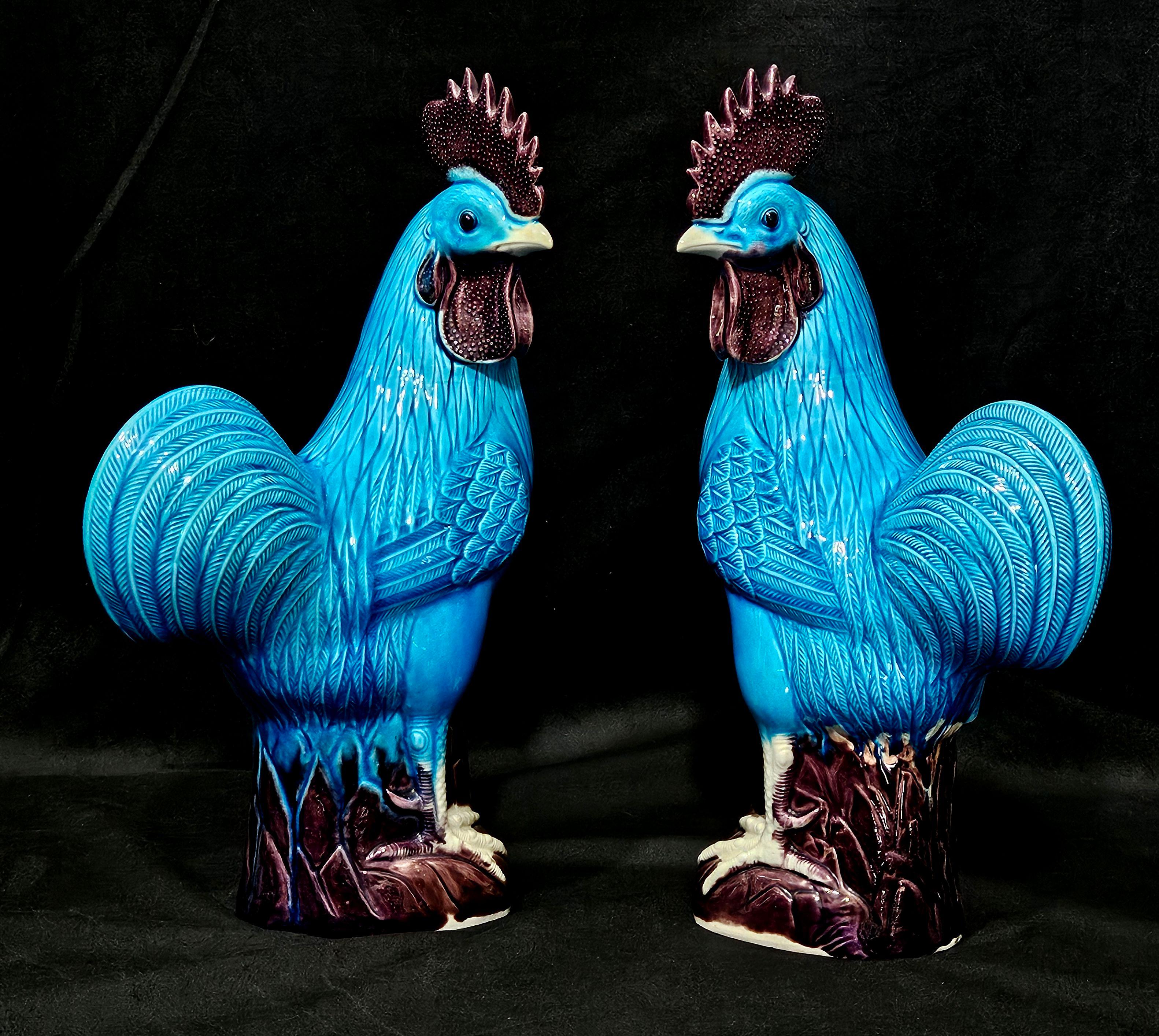 Altro Pair of Old Blue Glazed Chinese Ceramic Rooster Figures in vendita