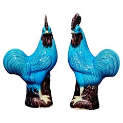 Pair of Old Blue Glazed Chinese Ceramic Rooster Figures
