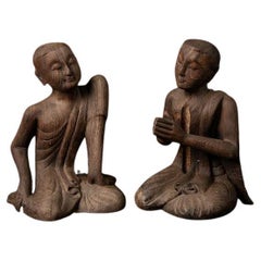 Vintage Pair of Old Burmese Monk Statues from Burma