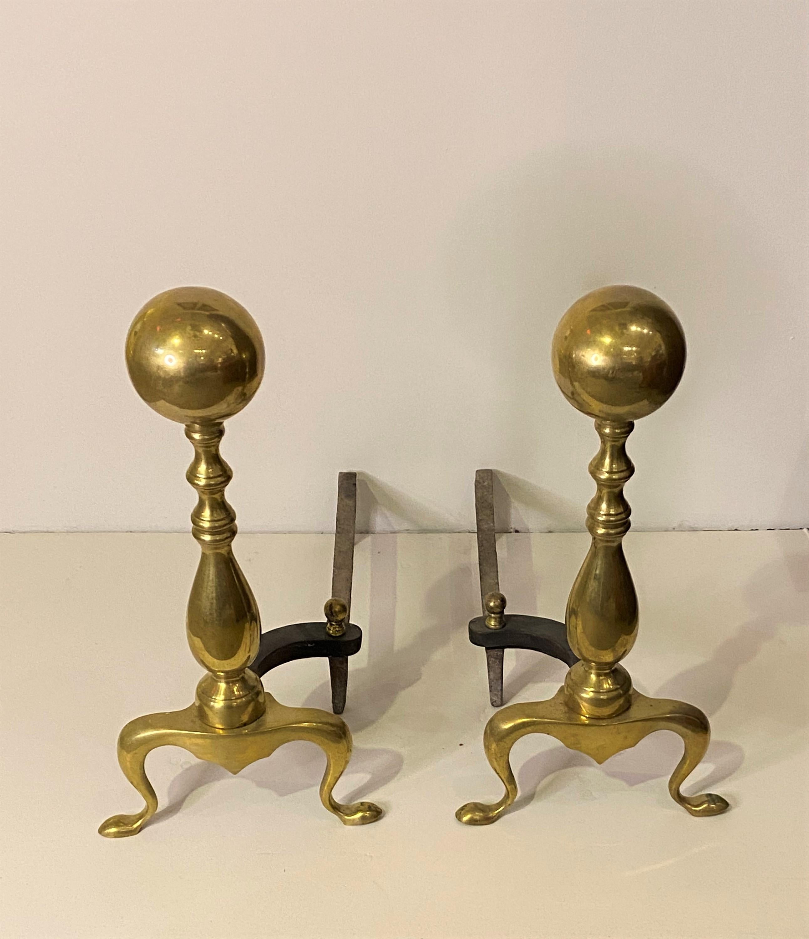 Pair of Old Solid Brass Cannon Ball Andirons. 