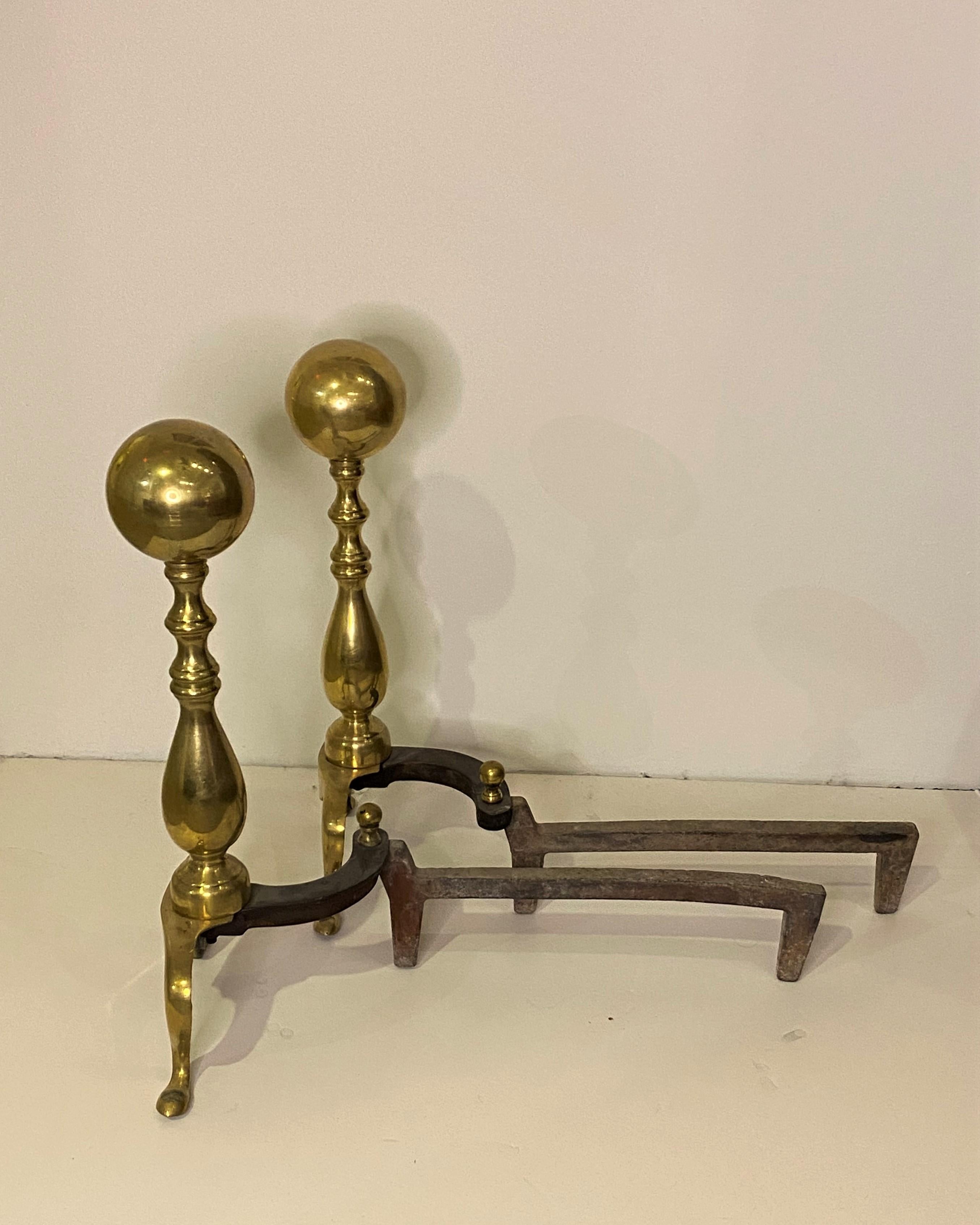 Pair of Old Cannon Ball Brass Andiron In Good Condition For Sale In North Salem, NY