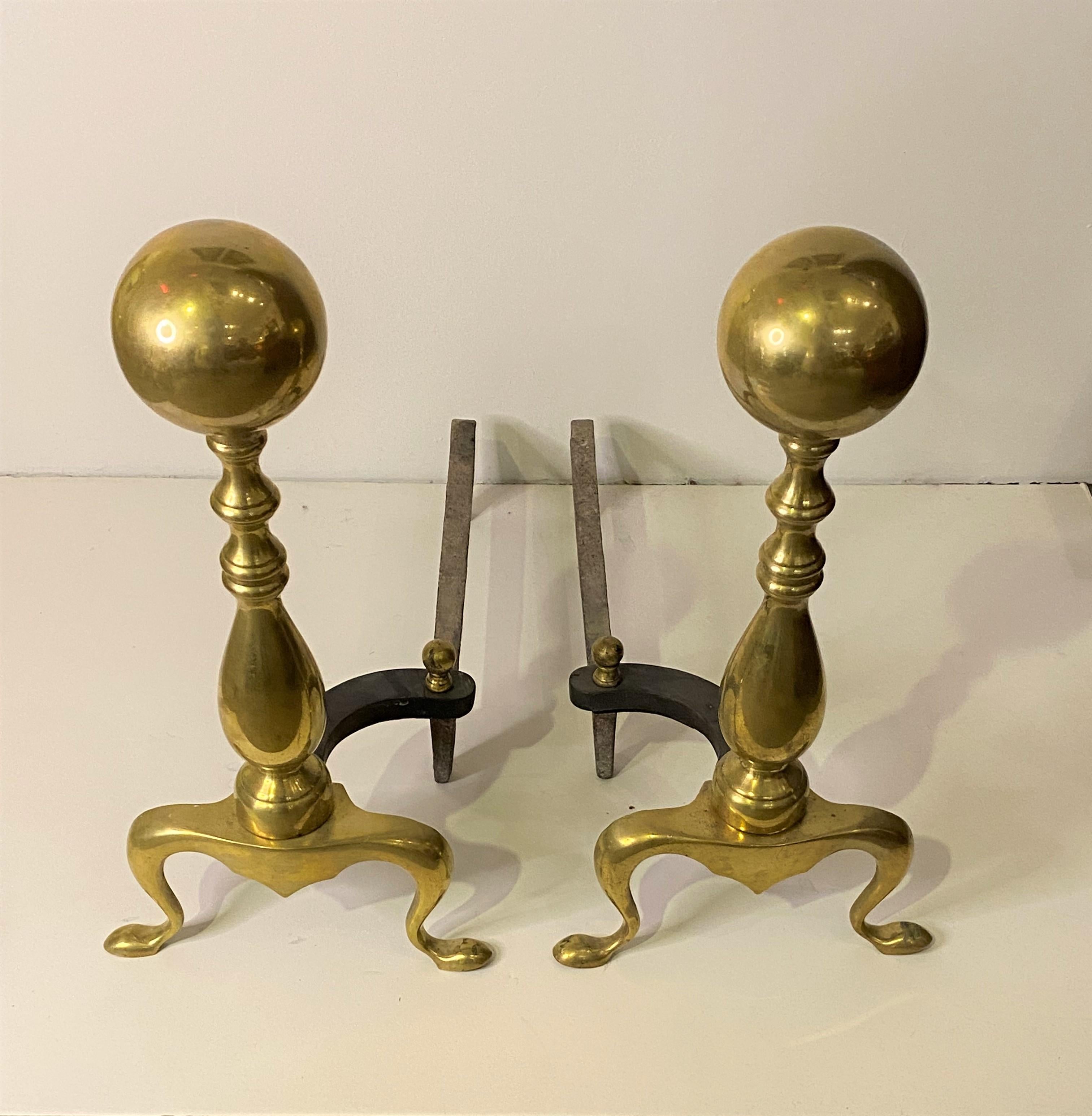 Pair of Old Cannon Ball Brass Andiron For Sale 1