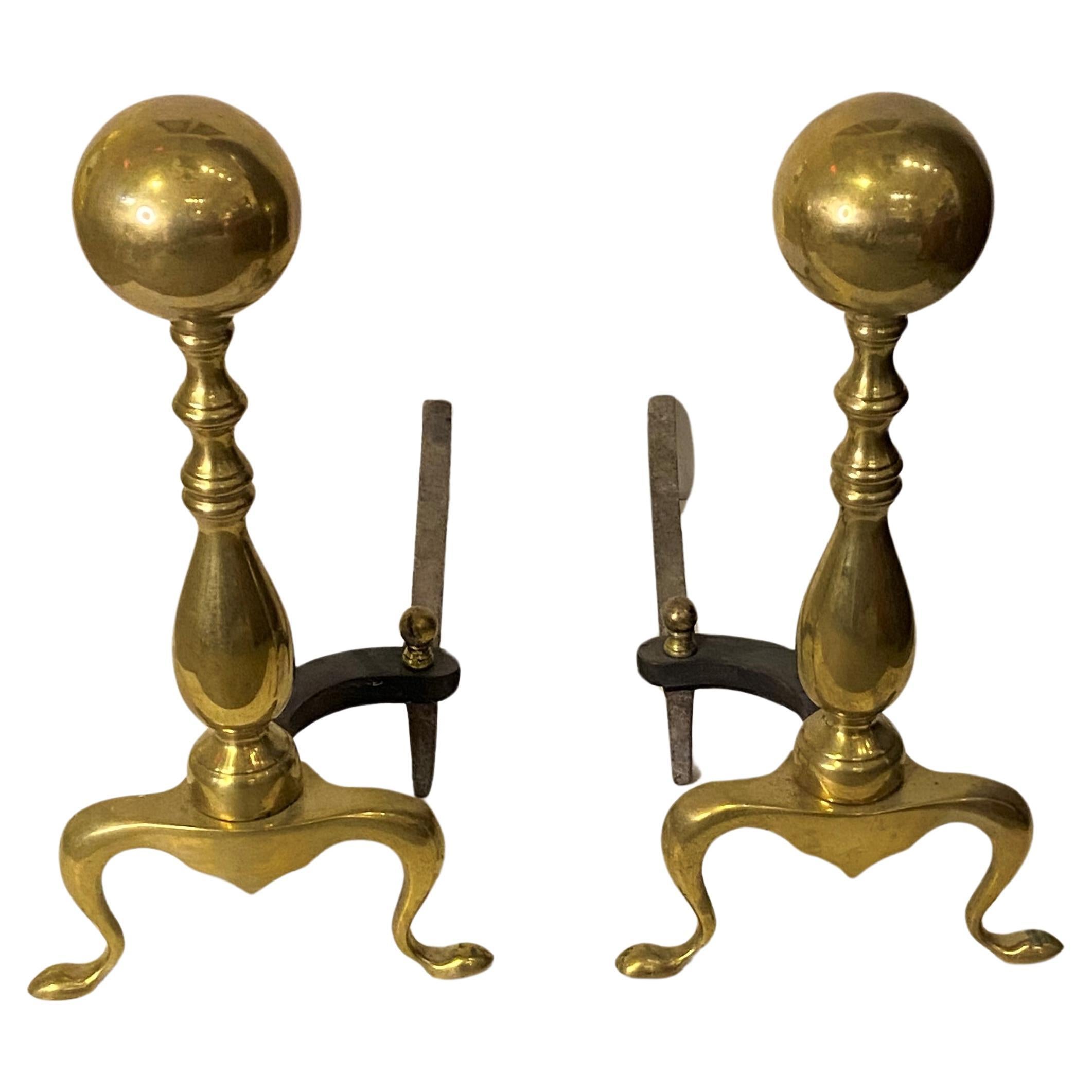 Pair of Old Cannon Ball Brass Andiron