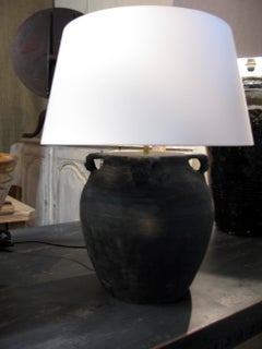 Pair of Old Clay Pot, Lamps, Lamp with Linen Shade, Lamps, Pair of Lamps