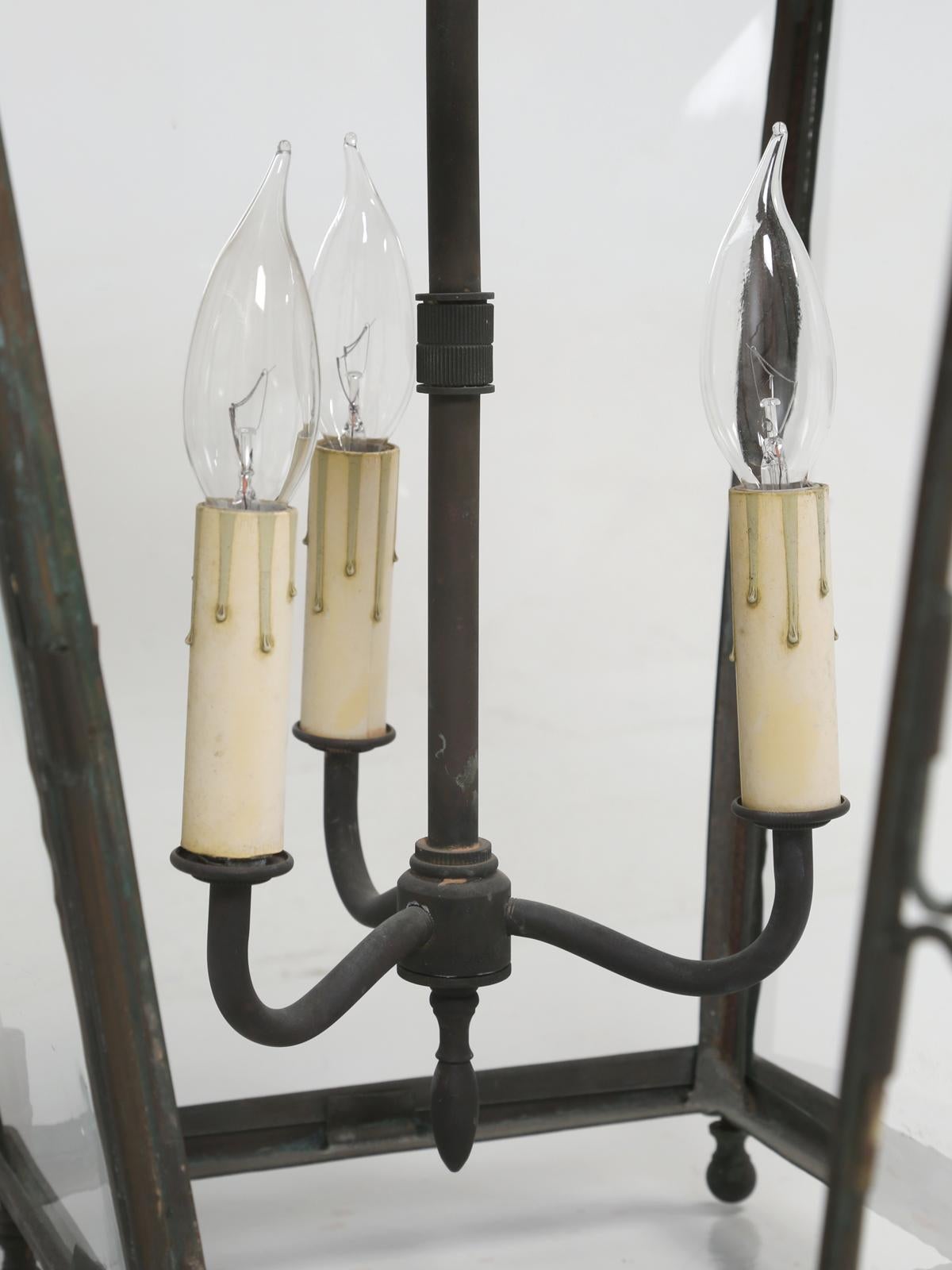 Pair of Old Copper French Lanterns with Wavy Glass Panes, Rewired 7