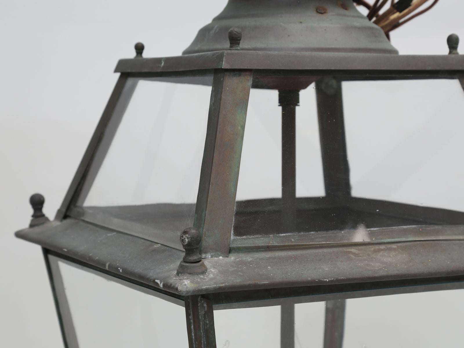Pair of Old Copper French Lanterns with Wavy Glass Panes, Rewired 2