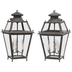 Antique Pair of Old Copper French Lanterns with Wavy Glass Panes, Rewired