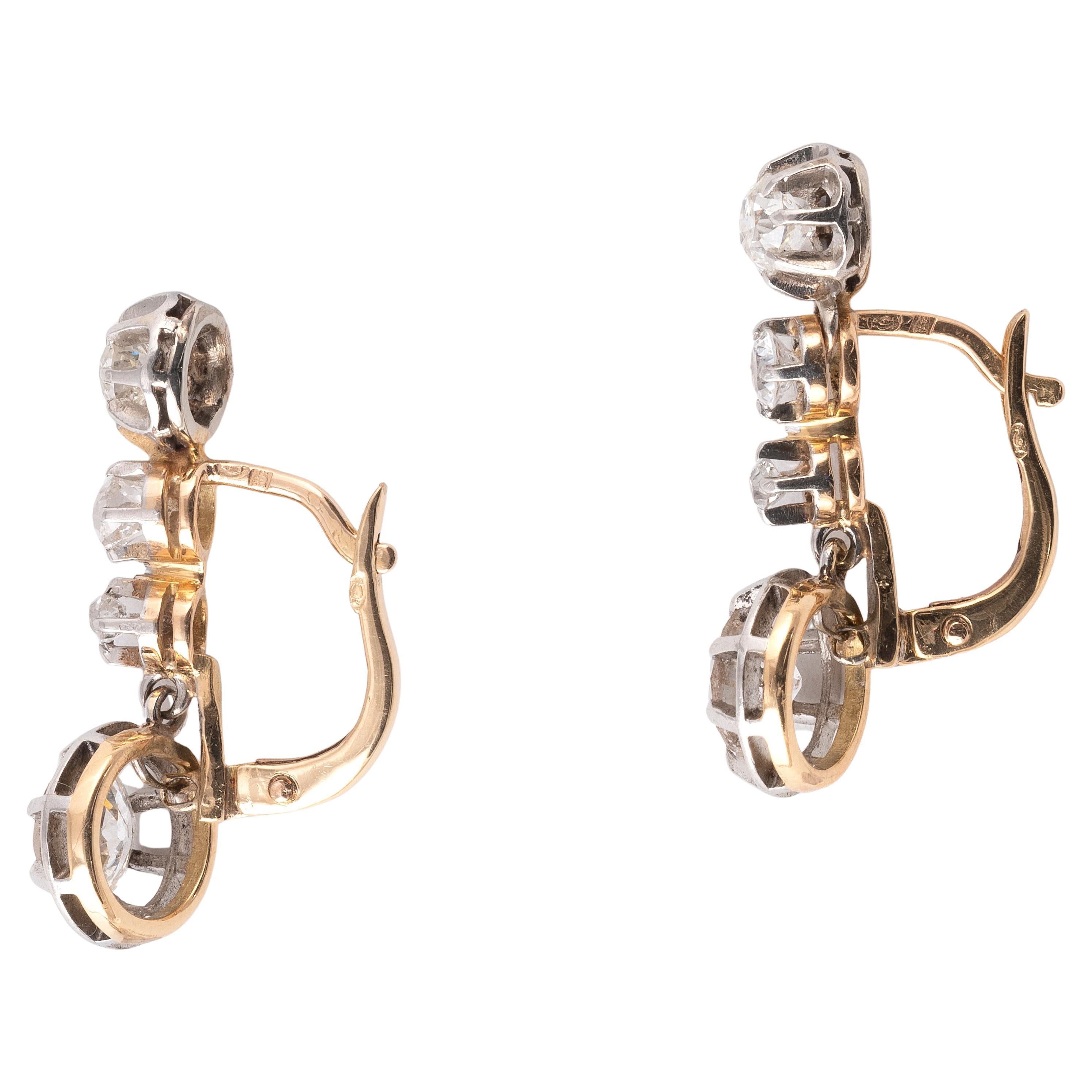 Old European Cut Pair Of 2.10ct Old-Cut Diamond Earrings Circa 1900's For Sale