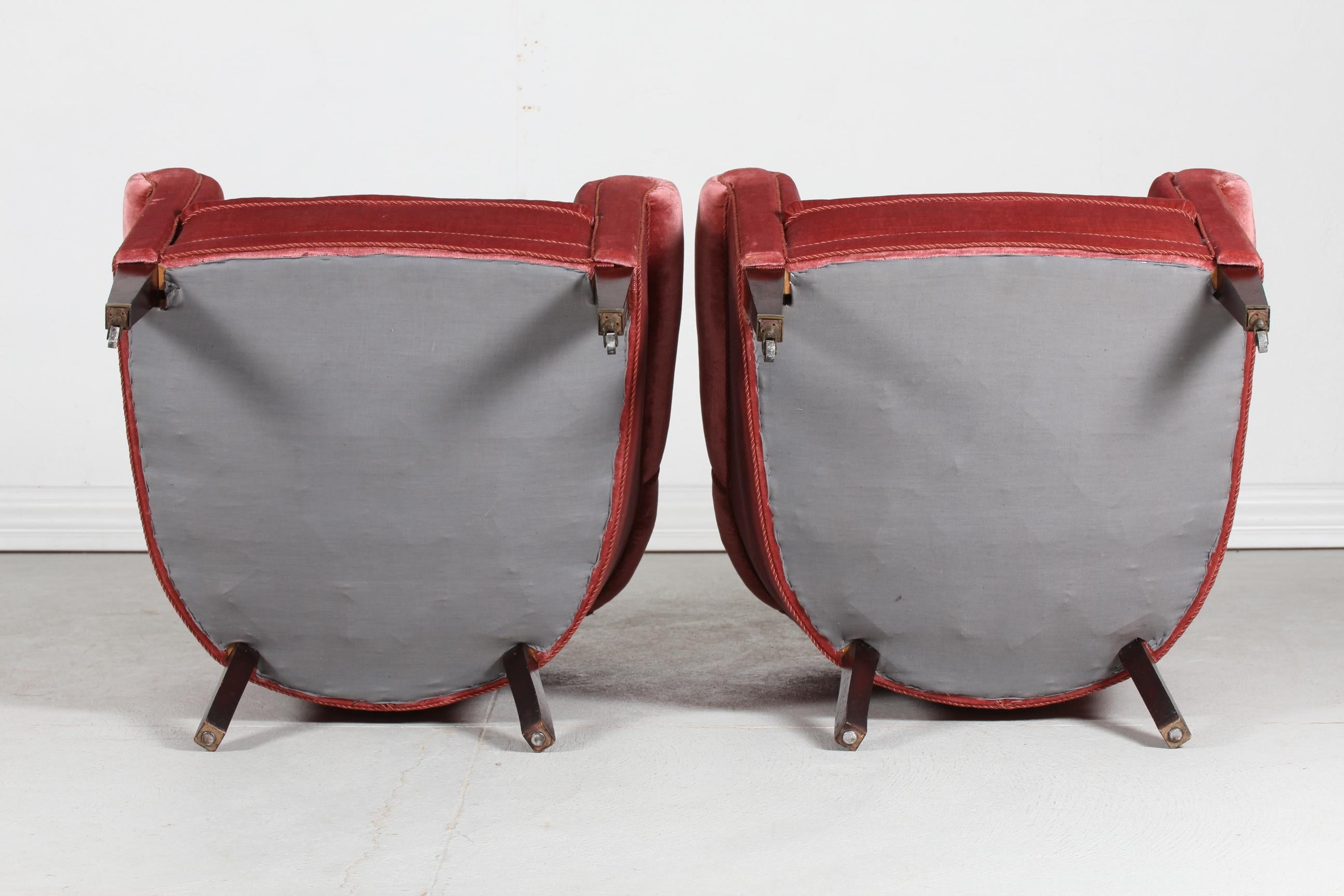 Pair of Old Danish Chesterfield Club Lounge Chairs Upholstered Pink Velvet 1920s 6