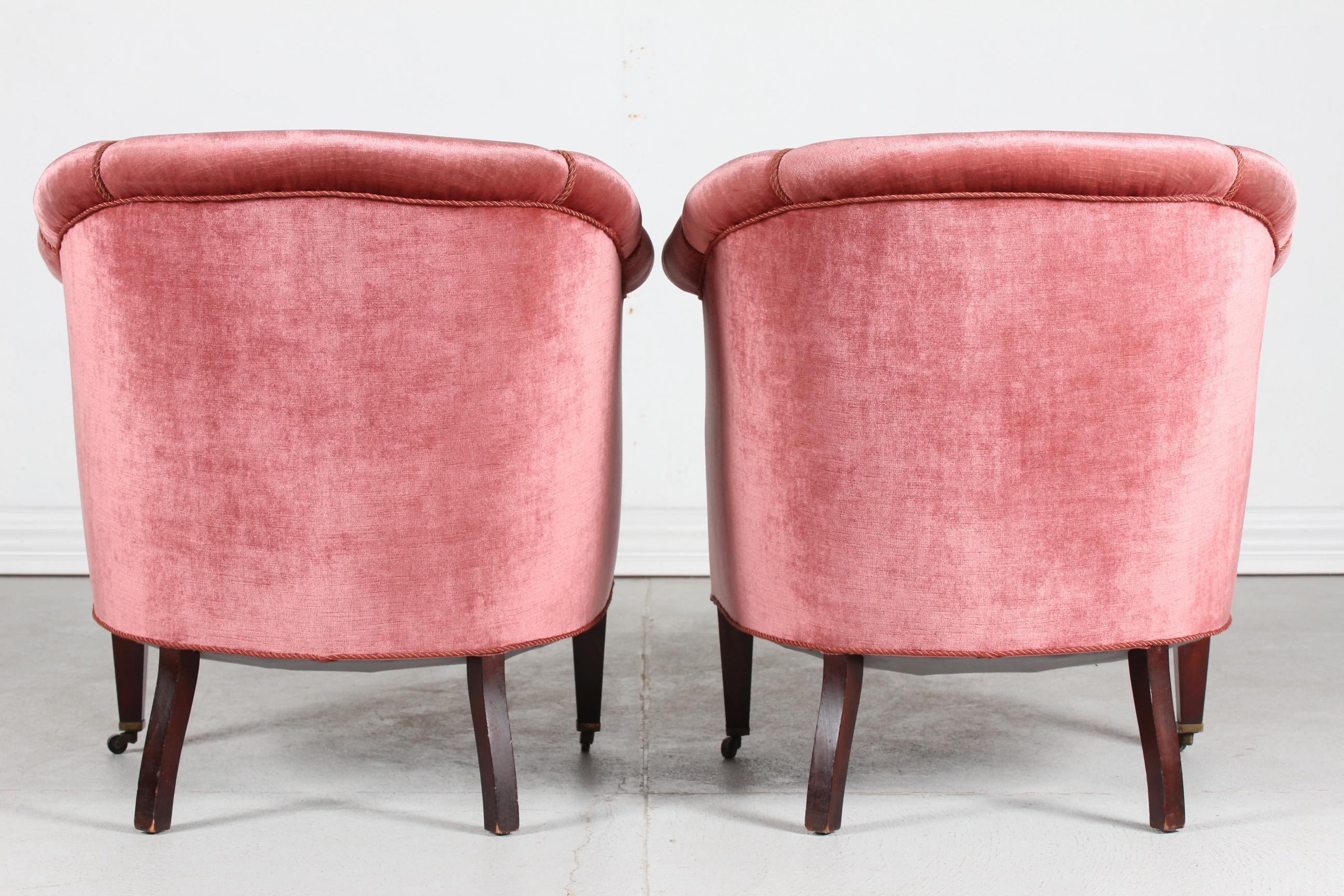 Pair of Old Danish Chesterfield Club Lounge Chairs Upholstered Pink Velvet 1920s 4