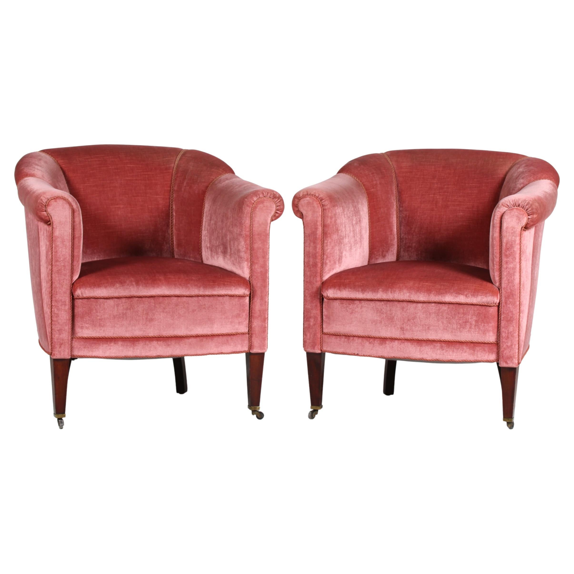 Pair of Old Danish Chesterfield Club Lounge Chairs Upholstered Pink Velvet 1920s