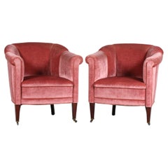 Pair of Old Danish Chesterfield Lounge Chairs Upholstered with Pink Velvet 1920s