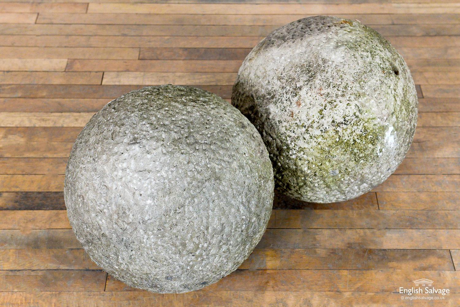 Cast Stone Pair of Old Dimpled Stone Balls for Pier Caps, 20th Century For Sale
