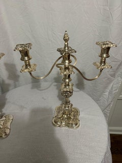 Pair of Old English Ellis Silver Plate Rococo Style Three-Light Candelabra