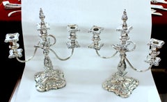 Pair of Old English Ellis Silver Plate Rococo Style Three-Light Candelabra